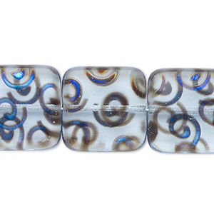 Bead, Czech pressed glass, semitransparent light blue and metallic blue black, 18x18mm flat square with swirl pattern. Sold per 15-1/2&quot; to 16&quot; strand.
