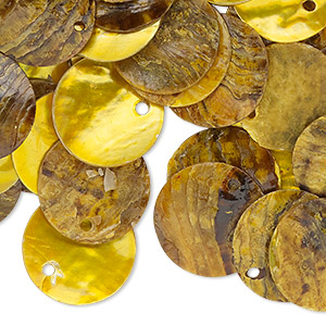 Drop, mussel shell (dyed / coated), yellow, 15mm flat round. Sold per pkg of 100.