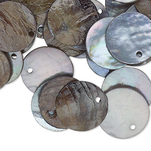 Drop, mussel shell (dyed / coated), peacock, 15mm flat round, Mohs hardness 3-1/2. Sold per pkg of 100.