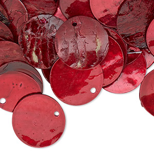 Drop, mussel shell (dyed / coated), red, 15mm flat round, Mohs hardness 3-1/2. Sold per pkg of 100.