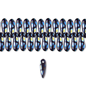Bead, Czech pressed glass, opaque black and metallic rainbow, 10x3mm top-drilled dagger with dots. Sold per 15-1/2&quot; to 16&quot; strand, approximately 190-200 beads.