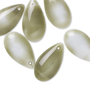 Drop, Preciosa, Czech pressed glass, marbled opaque white and green, 21x11mm puffed teardrop. Sold per pkg of 6.