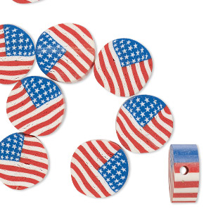Bead, polymer clay, red / white / blue, 10mm two-sided flat round with USA flag. Sold per pkg of 10.