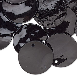 Drop, mussel shell (dyed / coated), black, 20mm flat round. Sold per pkg of 25.