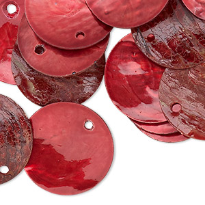 Drop, mussel shell (dyed / coated), red, 20mm flat round, Mohs hardness 3-1/2. Sold per pkg of 25.