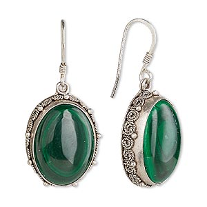 Earring, malachite (natural) and sterling silver, 35mm with 18x13mm ...