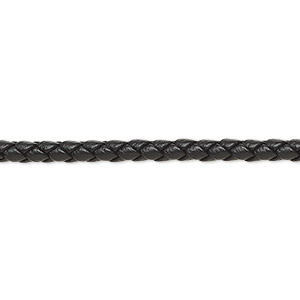 Bolo cord, leatherette, matte black, 3mm braided round. Sold per 5-yard section.