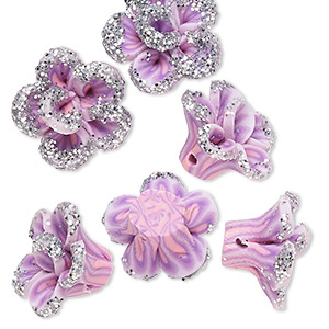 Bead, polymer clay, lavender / dark purple / pink with silver-colored glitter, 16x15x11mm flower. Sold per pkg of 6.