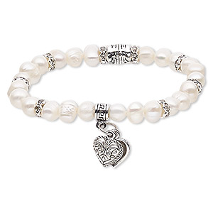 Bracelet, stretch, cultured freshwater pearl (bleached) / glass rhinestone / silver- / antique silver-plated steel / &quot;pewter&quot; (zinc-based alloy), white and clear, 7mm wide with 10x10mm heart, 6-1/2 inches. Sold individually.