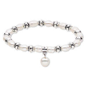 Bracelet, stretch, cultured freshwater pearl (bleached) with antique silver-plated steel and &quot;pewter&quot; (zinc-based alloy), white, 6mm wide with 10mm rice, 7 inches. Sold individually.