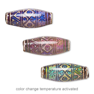 Bead, acrylic, multicolored, 22x9mm color-changing oval tube with fancy design. Sold per pkg of 2.