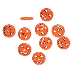 Bead, &quot;magnesite&quot; (resin) (dyed / imitation), orange and black, 14.5mm double-sided carved jack-o-lantern pumpkin. Sold per pkg of 10.