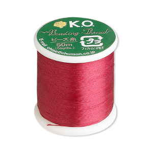 Thread, K.O., waxed nylon, red, 0.15mm diameter. Sold per 55-yard spool.