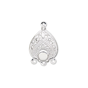 Drop, silver-plated steel, 17x15mm filigree teardrop with 4mm round setting, 3 loops. Sold per pkg of 100.