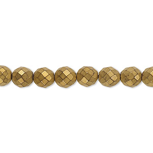 Bead, electroplated Hemalyke&#153;, matte gold, 6mm faceted round. Sold per 15-1/2&quot; to 16&quot; strand.
