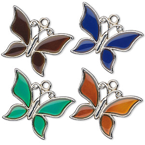 Focal, acrylic and imitation rhodium-finished &quot;pewter&quot; (zinc-based alloy), multicolored, 30x21mm color-changing single-sided butterfly. Sold per pkg of 2.