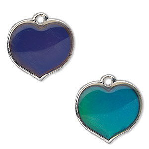 Charm, acrylic and imitation rhodium-finished &quot;pewter&quot; (zinc-based alloy), multicolored, 20x19mm color-changing single-sided heart. Sold per pkg of 2.