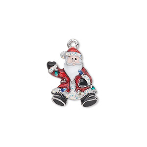 Charm, silver-plated &quot;pewter&quot; (zinc-based alloy) and enamel, multicolored, 18x14mm single-sided waving Santa with strand of lights and glitter. Sold individually.