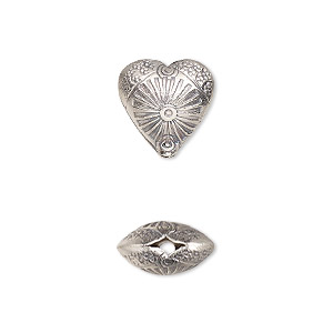 Bead, Hill Tribes, antiqued fine silver, 12mm double-sided textured puffed heart with flower. Sold individually.