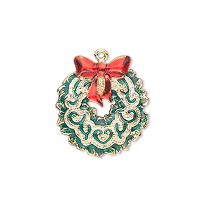 Charm, gold-finished &quot;pewter&quot; (zinc-based alloy) and enamel, red and green, 22x20mm single-sided wreath with bow. Sold individually.
