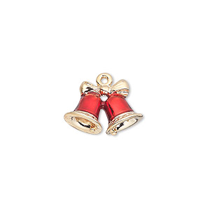 Charm, gold-finished &quot;pewter&quot; (zinc-based alloy) and enamel, red, 16.5x12mm double-sided bells with bow. Sold individually.