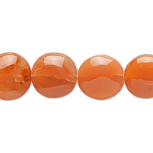 Bead, carnelian (dyed / heated), 13mm hand-cut flat round, C grade, Mohs hardness 6-1/2 to 7. Sold per 15-1/2&quot; to 16&quot; strand.
