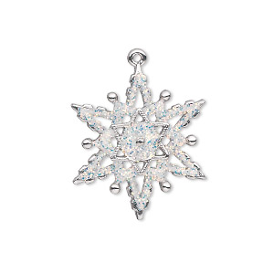 Charm, silver-plated &quot;pewter&quot; (zinc-based alloy) and enamel, white, 23x22mm single-sided snowflake with glitter. Sold individually.