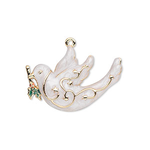 Charm, gold-finished &quot;pewter&quot; (zinc-based alloy) and enamel, white / green / red, 28x19mm single-sided dove with holly branch. Sold individually.