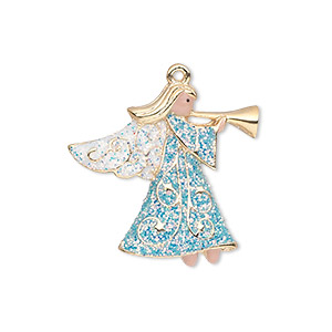 Charm, gold-finished &quot;pewter&quot; (zinc-based alloy) and enamel, blue / white / peach, 25x24mm single-sided angel with horn and glittery wings and robe. Sold individually.