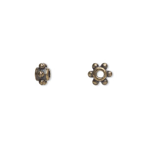 Bead, antique brass-plated &quot;pewter&quot; (zinc-based alloy), 5x4mm beaded round. Sold per pkg of 100.