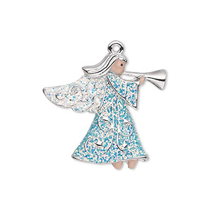 Charm, silver-plated &quot;pewter&quot; (zinc-based alloy) and enamel, blue / white / peach, 25x24mm single-sided angel with horn and glittery wings and robe. Sold individually.