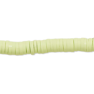 Bead, polymer clay, opaque light green, 6x1.5mm heishi. Sold per pkg of (2) 15-1/2&quot; to 16&quot; strands.