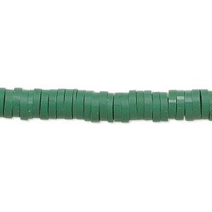 Bead, polymer clay, opaque dark green, 6x1.5mm heishi. Sold per pkg of (2) 15-1/2&quot; to 16&quot; strands.