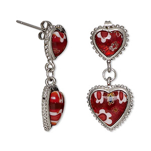 Earring, millefiori glass and stainless steel, red and white, 30mm with heart and post. Sold per pair.