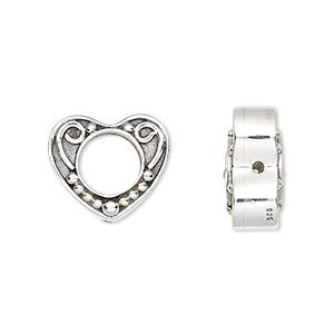 Bead frame, sterling silver, 16x14mm fancy heart with swirl and ball design, fits up to 8mm bead. Sold individually.