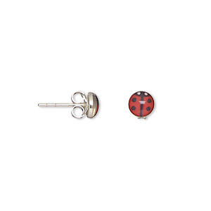Earstud, enamel and sterling silver, red and black, 5mm ladybug with post. Sold per pkg of 2 pairs.