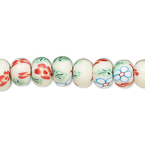 Bead, polymer clay, opaque multicolored, 8x6mm rondelle with flower design. Sold per 15-1/2&quot; to 16&quot; strand.