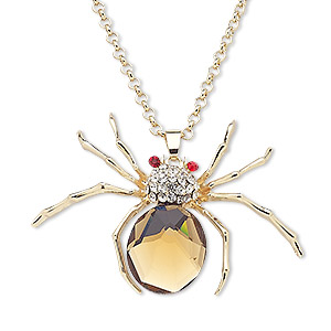 Necklace, glass rhinestone / glass / gold-finished steel / &quot;pewter&quot; (zinc-based alloy), brown / clear / red, 2-3/4 x 2-inch spider, 29 inches with 3-inch extender chain and lobster claw clasp. Sold individually.