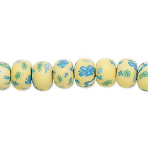 Bead, polymer clay, opaque yellow / blue / green, 8x6mm rondelle with  flower design. Sold per 15-1/2 to 16 strand. - Fire Mountain Gems and  Beads