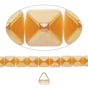 Spacer, Preciosa, Czech pressed glass, opaque alabaster and amber yellow, 6x6x7mm 2-strand pyramid, fits up to 3mm bead. Sold per 8-inch strand, approximately 30 spacers.