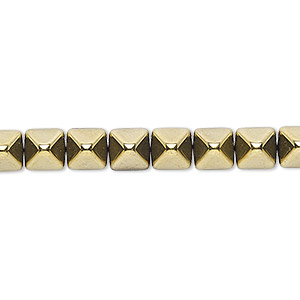 Spacer, Preciosa, Czech pressed glass, opaque bronze gold, 6x6x7mm 2-strand pyramid, fits up to 3mm bead. Sold per 8-inch strand, approximately 30 spacers.
