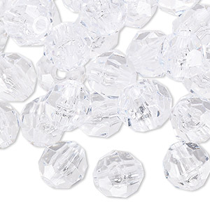 Bead, acrylic, transparent clear, 10mm faceted round. Sold per 100-gram pkg,