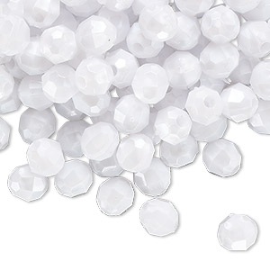 Bead, acrylic, opaque white pearl, 6mm faceted round. Sold per 100-gram pkg,