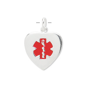 Drop, medical alert ID, sterling silver and enamel, red, 18x18mm heart. Sold individually.