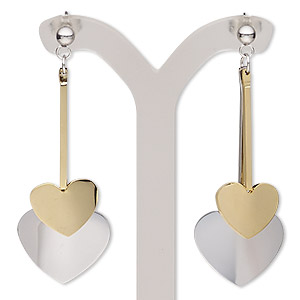 Earring, stainless steel and gold-finished stainless steel, 2 inches with heart and post. Sold per pair.