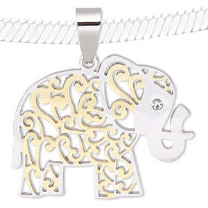 Pendant, glass rhinestone / stainless steel / gold-finished stainless steel, clear, 36x29mm elephant with cutout design. Sold individually.