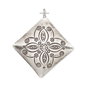 Drop, Hill Tribes, antiqued fine silver, 29x29mm diamond with floral design. Sold individually.