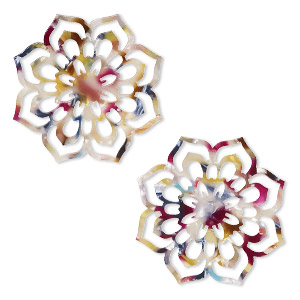 Focal, resin, multicolored, 50mm flower with cutouts. Sold per pkg of 2.