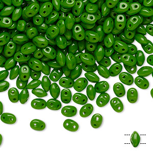 Bead, Preciosa Twin&#153;, Pressed Twin, Czech pressed glass, candy green, 5x2.5mm oval with 2 holes. Sold per 10-gram pkg.