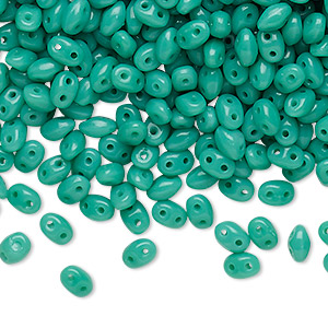 Bead, Preciosa Twin&#153;, Pressed Twin, Czech pressed glass, turquoise green, 5x2.5mm oval with 2 holes. Sold per 10-gram pkg.